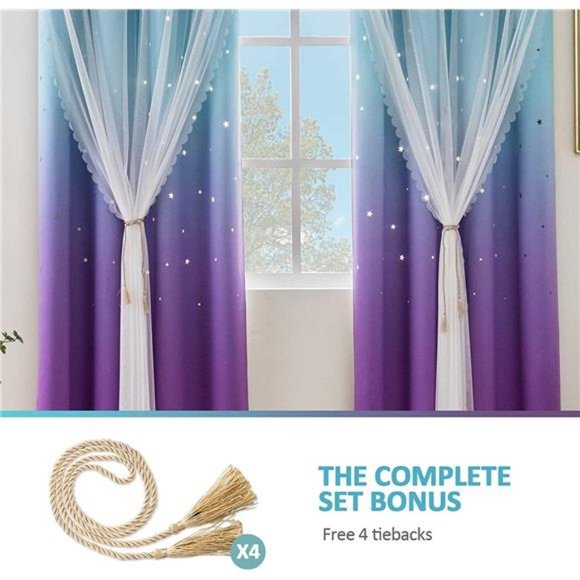 Cutout Curtains for Girls Bedroom 2 Panels, 2 in 1 Light Blocking Blackout - Picture 4 of 6